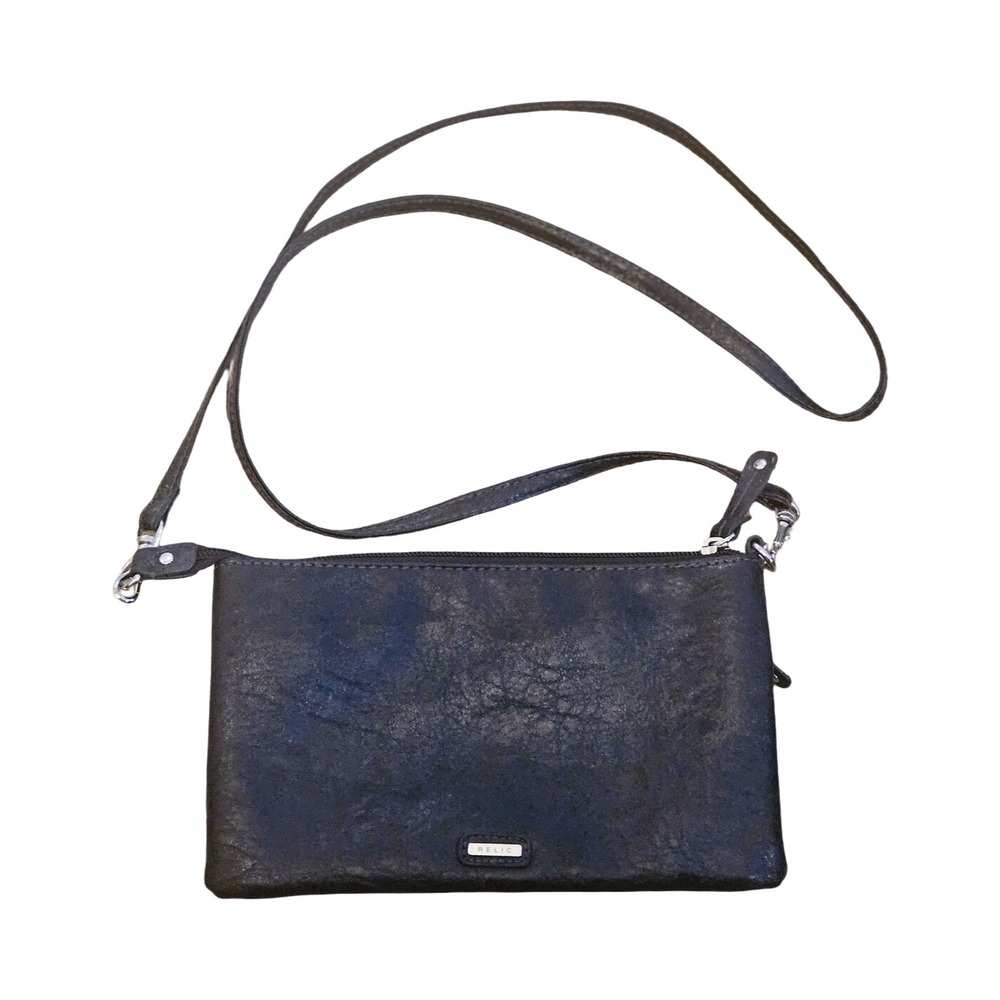 Relic Womens Black Distressed Faux Leather Crossbody Bag Silver Hardware Purse